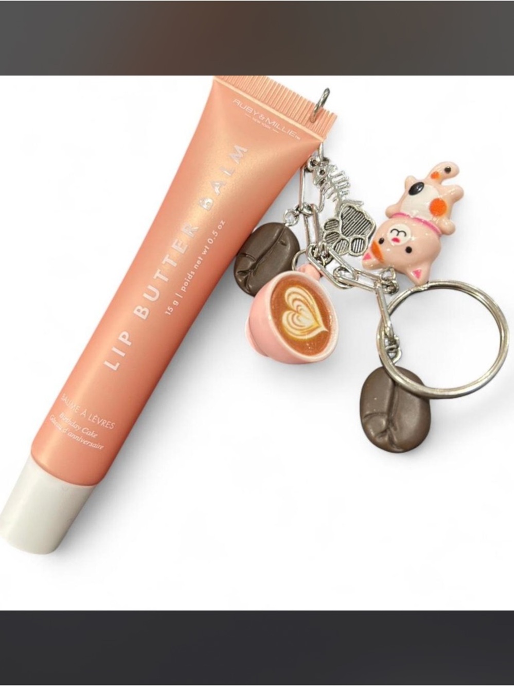 Ruby&Millie Birthday Cake Lip Butter Balm with Cute Coffee & Cat Keychain